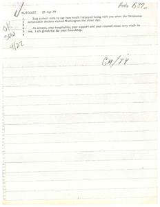 ["The document is a brief note expressing gratitude for the hospitality, support, and counsel received during a visit with Oklahoma automobile dealers in Washington. The writer values the friendship and expresses appreciation for the experience."]