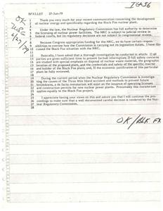 ["The document discusses the development of nuclear energy and specifically addresses concerns regarding the Black Fox nuclear plant. It explains that the Nuclear Regulatory Commission has full authority over licensing nuclear power facilities and that a thorough investigation is being conducted regarding the Black Fox plant. Due to the Three Mile Island accident, there is a moratorium on issuing operating licenses and construction permits for new nuclear power plants, including the Black Fox project. The author appreciates input on the matter and assures that a careful decision will be made by the Nuclear Regulatory Commission."]
