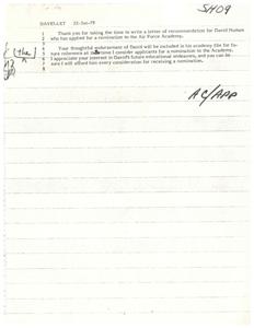 ["A letter of recommendation for David Hudson, who has applied for a nomination to the Air Force Academy, is being sent to various recipients by Greg Study on behalf of James R. Jones, a member of Congress. The document expresses gratitude for the endorsement of David and assures that he will be considered for the nomination."]