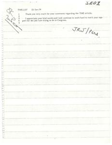 ["The document is a response from James R. Jones to a letter regarding a TIME article. Jones thanks the recipient for their comments and expresses gratitude for their support for his work in Congress."]