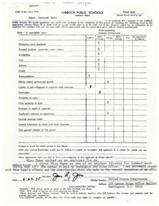 ["Miss Mann is an applicant for a position in the Lubbock Public Schools and the Director of Personnel is seeking feedback on her character, qualities, scholarship, punctuality, and more. The form asks for an overall estimate of the applicant and whether the respondent would be willing to employ or re-employ her. The form also includes space for additional remarks and the opportunity for the respondent to explain how they formed their judgment of the applicant. The form includes notes on how to interpret the ratings: \"Superior\" meaning as good as the best teachers known, and \"Poor\" meaning as bad as the worst teachers known."]