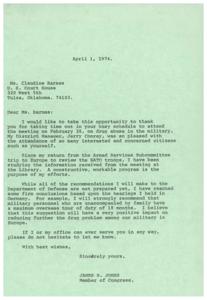 ["James R. Jones, a Member of Congress, thanks Ms. Claudine Barnes for attending a meeting on drug abuse in the military. He mentions studying information received from the meeting and working on recommendations for the Department of Defense. One recommendation he mentions is a maximum overseas tour of duty of 18 months for military personnel without family, to reduce the drug problem. Jones offers his assistance to Barnes if needed."]