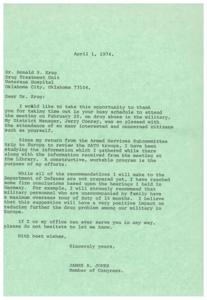 ["The document is from James R. Jones, a Member of Congress, thanking Dr. Ronald S. Krug for attending a meeting on drug abuse in the military. Jones discusses his efforts to address the issue, including studying information gathered during a trip to Europe and holding hearings in Germany. He mentions a recommendation to limit overseas tours of duty for military personnel without family to 18 months to reduce drug problems. Jones offers assistance from his office and expresses best wishes."]
