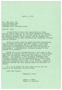 ["James R. Jones, a Member of Congress, thanks Mr. Dave Cote for attending a meeting on drug abuse in the military. He mentions his efforts to create a constructive program based on information gathered from a recent trip to Europe and a meeting at the Library. Jones plans to recommend a maximum overseas tour of duty for military personnel without family to help reduce the drug problem. He offers his assistance to Mr. Cote in the future."]