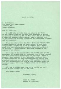 ["James R. Jones, a Member of Congress, thanks Mr. Rod Sherwin for attending a meeting on drug abuse in the military. Jones has been studying information gathered during a trip to Europe to review NATO troops and is working on a program to address the issue. He plans to recommend a maximum overseas tour of duty for military personnel without family to help reduce drug problems. Jones offers his assistance to Mr. Sherwin if needed."]