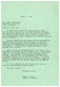 ["The document is from Congressman James R. Jones to Mr. & Mrs. Vernon Day, thanking them for attending a meeting on drug abuse in the military. Jones discusses his efforts to address the issue, including a recommendation for a maximum overseas tour of duty for military personnel. He offers his office's assistance and signs off with best wishes."]