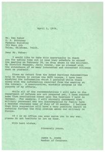 ["James R. Jones, a Member of Congress, is thanking United States Attorney Ben Baker for attending a meeting on drug abuse in the military. Jones mentions his efforts to create a constructive program to address the issue, including recommendations based on hearings in Germany. He suggests limiting overseas tour of duty for military personnel to 18 months to reduce drug problems. Jones offers his office's assistance to Baker if needed."]