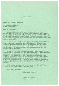 ["The document is from James R. Jones, a Member of Congress, thanking Robert E. Parker for attending a meeting on drug abuse in the military. Jones discusses his efforts to address the issue, including recommendations for the Department of Defense based on his findings from a trip to Europe. He also offers his assistance to Parker in the future."]