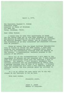 ["The document is from James R. Jones, a Member of Congress, thanking Judge Graham for attending a meeting on drug abuse in the military. Jones discusses his efforts to address the issue, including recommendations for military personnel serving overseas. He offers assistance to the judge and expresses his best wishes."]