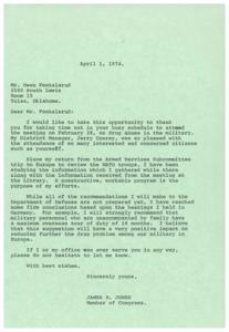 ["James R. Jones thanks Mr. Owen Fonkalsrud for attending a meeting on drug abuse in the military. Jones is working on developing a program to address the issue and has reached some conclusions, such as recommending a maximum overseas tour of duty of 18 months for military personnel unaccompanied by family. Jones offers his assistance to Mr. Fonkalsrud in the future."]