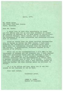 ["The document is from Congressman James R. Jones thanking Ms. Wanda Brown for attending a meeting on drug abuse in the military. He mentions his efforts to address the issue and shares a recommendation to limit overseas tour of duty for military personnel to 18 months. He also offers his assistance to Ms. Brown if needed."]