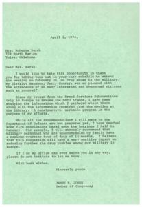 ["James R. Jones, a Member of Congress, thanks Mrs. Roberta Barsh for attending a meeting on drug abuse in the military. He mentions his efforts to address the issue, including studying information gathered during a trip to Europe and holding hearings. Jones plans to recommend a maximum overseas tour of duty for military personnel to reduce drug problems. He offers his assistance to Mrs. Barsh if needed."]