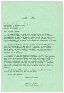 ["James R. Jones, a Member of Congress, is thanking Judge Yeagley for attending a meeting on drug abuse in the military. He mentions his efforts to create a constructive program to address the issue, based on information gathered during a trip to Europe and hearings held in Germany. Jones plans to recommend a maximum overseas tour of duty for military personnel to help reduce the drug problem. He offers his office's assistance to Judge Yeagley if needed."]