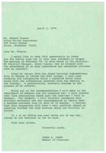 ["The document is from Congressman James R. Jones to Mr. Robert Chance of the Tulsa Police Department, thanking him for attending a meeting on drug abuse in the military. Jones discusses his efforts to address the issue, including recommendations for the Department of Defense based on information gathered during a trip to Europe. He specifically mentions a recommendation for a maximum overseas tour of duty for military personnel to help reduce drug problems. Jones offers his assistance to Chance in any way needed."]