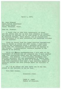 ["The document is from James R. Jones, a Member of Congress, thanking Mr. Drew Diamond from the Tulsa Police Department for attending a meeting on drug abuse in the military. Jones discusses his efforts to address the issue, including recommendations for limiting overseas tours of duty for military personnel to reduce drug problems. He offers assistance to Diamond in the future."]