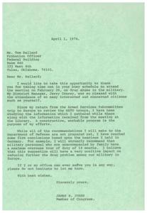 ["James R. Jones, a Member of Congress, thanks Mr. Tom Ballard, a probation officer, for attending a meeting on drug abuse in the military. Jones has been studying information gathered from a recent trip to Europe and plans to make recommendations to the Department of Defense, including suggesting a maximum overseas tour of duty of 18 months for military personnel unaccompanied by family to reduce drug problems. Jones offers his assistance to Mr. Ballard if needed."]
