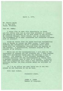 ["The document is from James R. Jones, a Member of Congress, thanking Mr. Martin Reddy for attending a meeting on drug abuse in the military. Jones mentions that he is working on recommendations for the Department of Defense based on information gathered during a trip to Europe and from the meeting. He mentions a recommendation for a maximum overseas tour of duty for military personnel to help reduce the drug problem. Jones offers his assistance to Reddy if needed."]