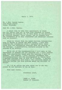 ["James R. Jones, a Member of Congress, thanks Mr. & Mrs. George Heaton for attending a meeting on drug abuse in the military. He mentions studying information gathered from a trip to Europe and a meeting at the Library, and is working on a program to address the issue. Jones plans to recommend a maximum overseas tour of duty of 18 months for military personnel to reduce the drug problem. He offers his assistance to the Heatons if needed."]