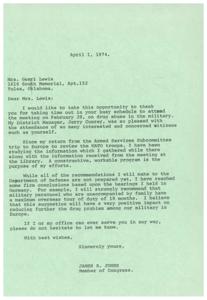 ["The document is from James R. Jones, a Member of Congress, thanking Mrs. Gerri Lewis for attending a meeting on drug abuse in the military. Jones mentions that he is working on a program to address the issue and has reached some conclusions, such as recommending a maximum overseas tour of duty of 18 months for military personnel. Jones offers his assistance and asks Mrs. Lewis to reach out if she needs anything."]