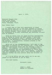 ["The document is a letter from James R. Jones, a Member of Congress, to Reverend Gregory Gier of Christ King Church in Tulsa, Oklahoma. Jones thanks Gier for attending a meeting on drug abuse in the military and discusses his efforts to address the issue, including a recommendation for a maximum overseas tour of duty for military personnel. Jones also offers his assistance to Gier if needed."]