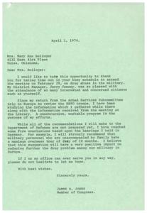 ["The document is thanking Mrs. Mary Ann Bolinger for attending a meeting on drug abuse in the military. The author, James R. Jones, discusses his efforts to address the issue and mentions a recommendation he will make to the Department of Defense regarding overseas tour lengths for military personnel. Jones offers his assistance to Mrs. Bolinger and signs the letter as a Member of Congress."]
