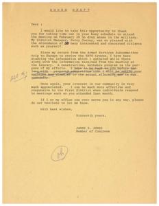 ["The document is a thank you to the recipient for attending a meeting on drug abuse in the military. The writer, James R. Jones, mentions gathering information from a trip to Europe and the meeting at the Library to create a program. Jones expresses appreciation for the recipient's interest in the community and offers assistance in any way needed."]