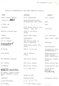 ["A total of 34 people attended a drug meeting on 2/28/74, including individuals from various agencies such as United States Courts, VA Hospital, Tulsa Police Department, and the Tulsa World."]