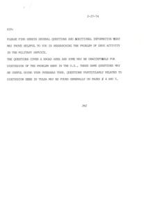 ["The document contains questions and additional information regarding drug activity in the military service. Some questions may not be suitable for discussion in the US but could be useful during an overseas tour. Specific questions related to Tulsa can be found on pages 4 and 5."]