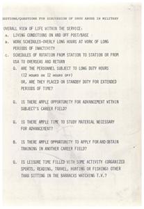 ["The document discusses various factors within the military that may contribute to drug abuse, including long hours, lack of leisure activities, and pressure on the job. It also raises questions about the availability and prescription of drugs within the military, as well as signs of drug abuse and social codes among users and non-users. Additionally, it addresses the availability of counseling and support for individuals with drug problems, as well as patterns in the histories of veterans with drug issues."]