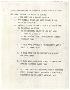 ["The document provides suggestions and questions for discussing drug abuse in the military, focusing on factors within military life that may contribute to drug use, availability of drugs through prescription and non-prescription sources, signs of drug abuse, and protocols for addressing drug problems in the military. It emphasizes the importance of identifying and addressing potential sources of stress and pressure within military life that may lead individuals to turn to drugs for escape."]