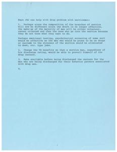 ["The document discusses ways the JRJ can help with the drug problem among servicemen, including implementing emotional and psychological screening, changing VA benefits to allow access to drug centers, providing treatment for discharged men with behavior patterns associated with drug use, and offering Methadone treatment for narcotics addiction. Dr. K has been working with drug treatment for 8 years and runs a center in Oklahoma City that receives federal funding. They have treated over 800 patients and have plans to expand to a satellite unit in Tulsa. The document also mentions the challenges and regulations associated with treating veterans for drug abuse, as well as the reasons behind drug use among service members."]