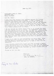 ["Mrs. Patucia Michelon, a teacher and psychiatric worker, writes to Congressman James R. Jones urging him to support Vietnam veterans with drug-related problems. She shares the story of a friend's son who was affected by the war and drugs, emphasizing the need for medical support and compensation for these veterans. Mrs. Michelon calls for more legislation to address the issues faced by these veterans and urges Congressmen to bring these problems to light instead of ignoring them."]