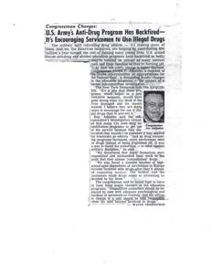 ["Congressman Joseph P. Addabbo is criticizing the United States Army's anti-drug program, stating that it is actually encouraging servicemen to use illegal drugs rather than deterring them. He believes that the program is causing more harm than good, and is demanding changes to improve the effectiveness of the education programs. Addabbo is particularly concerned about unqualified counselors and the lack of accountability for officers whose men become involved in drugs."]
