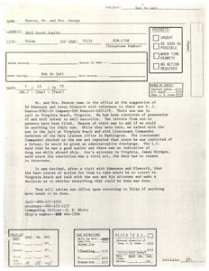 ["Mr. and Mrs. Heaton visited the office to seek help for their son who was in jail in Virginia Beach for possession of narcotics. After speaking with the son's attorney and a Navy liaison officer, it was determined that the son would be given an administrative discharge from the Navy. The Heatons were advised to travel to Virginia Beach to speak with their son and his attorney to determine if any further action was necessary. Contact information for the jail, attorney, and commanding officer was provided for the Heatons. No further action was required from the office."]