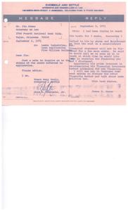 ["The document is a message from Eversole and Settle, Attorneys at Law, to Mr. Jim Jones regarding the status of a loan application for Leake Industries, Inc. The attorney, Otis, had spoken to Jim Leake who informed him that the financial statement needed for the loan application would not be ready for a few more weeks. Jim Leake's main priority is re-organizing his financial interests before arranging for new financing. Otis will be meeting with Jim Jones in Muskogee to discuss the loan application and other financing matters."]