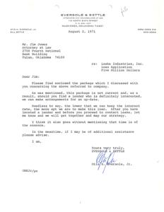 ["The document is a letter from Eversole & Settle, Attorneys at Law, to Mr. Jim Jones regarding a loan application for Leake Industries, Inc. They mention that the package is not current and may need to be updated if a lender is interested. They stress the importance of keeping the interest rate low and mention that time is of the essence. They offer further assistance and suggest meeting to strategize once a lender is found."]