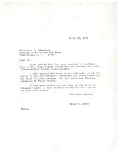 ["The document is a thank you note from James R. Jones to Ed Edmondson for sending him a copy of a Civil Rights Commission publication on school desegregation. Jones also acknowledges that Edmondson informed him about two matters he had contacted him about previously. The document expresses appreciation for seeing Edmondson and his wife at an event, and looks forward to working together in the future."]