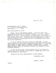 ["James R. Jones, a private attorney from Tulsa, is writing to Representative Joe L. Evins to introduce his friend Ronald Harper's idea regarding the application of his company's Site Evaluation System to government loans for small businesses. Jones believes that Harper's idea could be beneficial in ensuring the success of small business ventures seeking loans from the Small Business Administration. Jones requests that Evins consider the idea and potentially arrange a meeting with Harper to discuss further."]