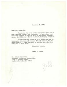 ["The document is from James R. Jones thanking Mr. Robert Elsworthy for his support during the election campaign for Congress. Jones asks Elsworthy to arrange for an appointment to meet in Washington the week of January 22."]