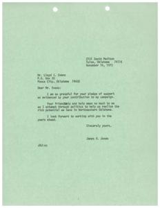 ["The document is a thank you note from James R. Jones to Mr. Lloyd I. Evans for his support and contribution to his campaign. Jones expresses gratitude for the friendship and assistance, and looks forward to working together in the future to realize the potential of Northeastern Oklahoma."]