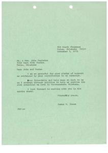 ["James R. Jones expresses gratitude to Mr. & Mrs. John Eagleton for their support and contribution to his campaign. He values their friendship and assistance as he works towards realizing the potential of Northeastern Oklahoma through politics. Jones looks forward to working with them in the future."]
