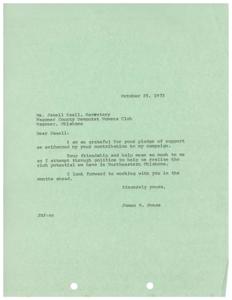 ["The document is a thank you letter from James R. Jones to Janell Ezell, secretary of the Wagoner County Democrat Women's Club, for their contribution and support to his campaign. Janell Ezell also sent a letter wishing Jones good luck in his campaign. Both letters express gratitude and support for each other."]