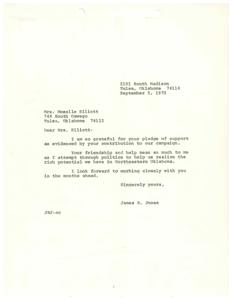 ["James R. Jones expresses gratitude to Mrs. Moselle Elliott for her support and contribution to his campaign. He values her friendship and assistance as he works towards realizing the potential of Northeastern Oklahoma. He looks forward to collaborating with her in the future."]