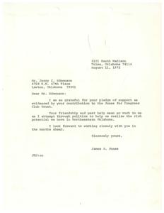 ["James R. Jones expresses gratitude to Jerry C. Edmonson for his support and contribution to the Jones for Congress Club Trust. Jones values Edmonson's friendship and past help, and looks forward to working together to realize the potential in Northeastern Oklahoma."]
