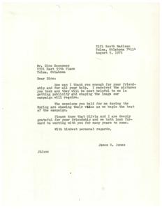 ["James R. Jones expresses gratitude to Dino Economos for his friendship and help, specifically for taking pictures that will be useful for their campaign. He mentions that the sessions held by Dino in the Spring are proving valuable as they enter the campaign season. Jones and his wife, Olivia, are thankful for Economos' friendship and look forward to working with him in the future."]