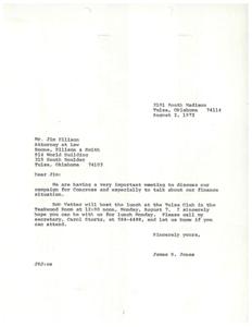 ["James R. Jones is inviting Mr. Jim Ellison, an attorney at Boone, Ellison & Smith, to a meeting to discuss their campaign for Congress and their finance situation. The meeting will take place at the Tulsa Club on August 7 at 12:00 noon. Jones asks Ellison to RSVP by calling his secretary, Carol Stortz."]