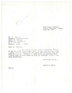 ["James R. Jones is writing to Mr. P. Ellison at Gulf Oil Company, requesting new Gulf credit cards as his old ones are no longer being accepted after August 1, 1972. Ellison had previously notified Jones about charges on his old cards and requested a response if he had not received new ones, but Jones did not reply. Ellison reminds Jones to contact them immediately if he has not received the new cards, and to start using them and destroy the old ones if he has received them. An envelope is enclosed for Jones's convenience."]