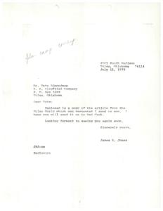 ["James R. Jones sent a copy of an article from the Tulsa World to Tate Edmondson, requesting that he forward it to Ned Cook. Jones also mentioned that he was looking forward to seeing Edmondson again soon."]