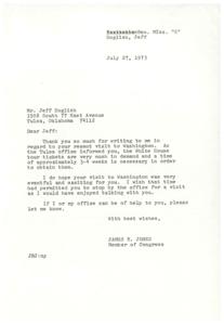 ["Jeff English wrote to Congressman James R. Jones requesting tickets for a White House tour during his visit to Washington, D.C. Jones responded, informing English that the tickets are in high demand and require 3-4 weeks to obtain. Jones expressed regret that he couldn't meet with English during his visit and offered assistance if needed."]