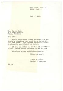 ["The document is from James R. Jones, a Member of Congress, to Mrs. Darold Eagle expressing appreciation for her and her husband's friendship. The document offers assistance if needed and ends with best wishes and regards. There is also a note attached requesting a letter for Mrs. Eagle to frame, as she believes Jones will be President one day. It suggests sending a picture as well."]
